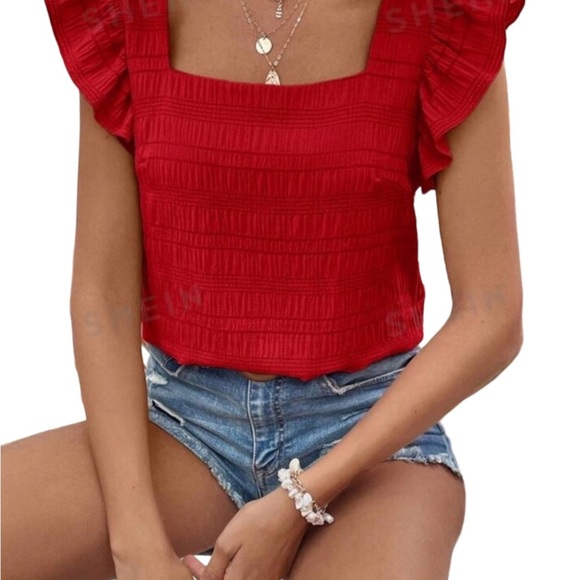 2/30 NWT Red Ruffle Trim, Bubble Textured Top with Squared Neck. Size XL - Picture 13 of 14